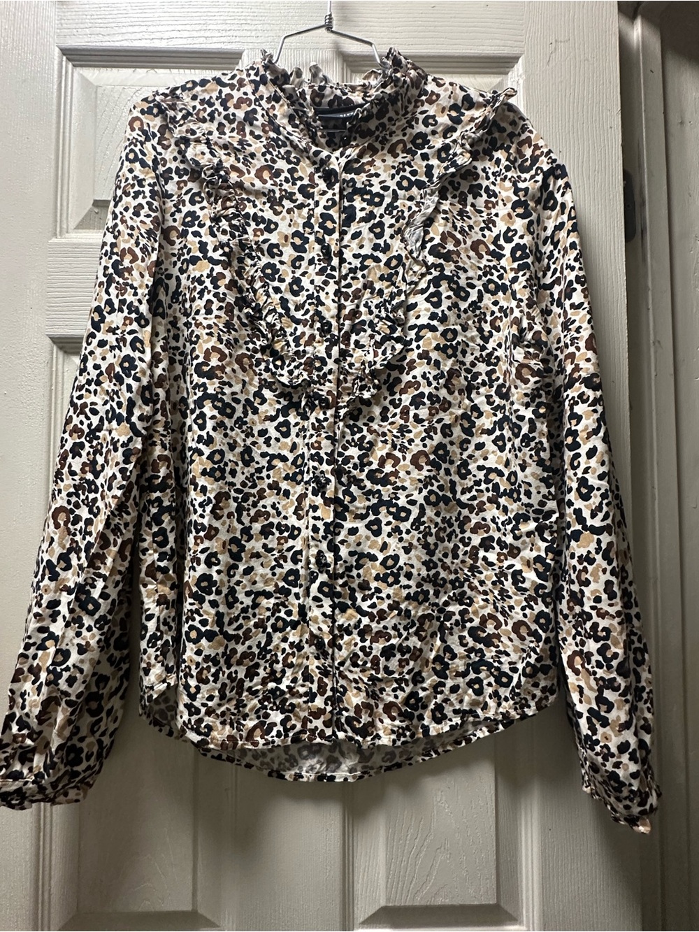 Anthropologie Leopard Ruffle-Trim Blouse - Cream, Brown, Black